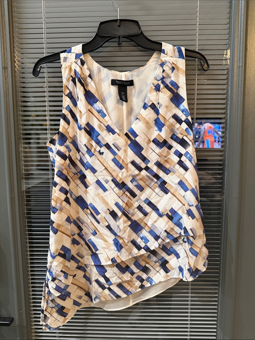 White House Black Market Blue, Beige & White Geometric Wrap Camisole Top